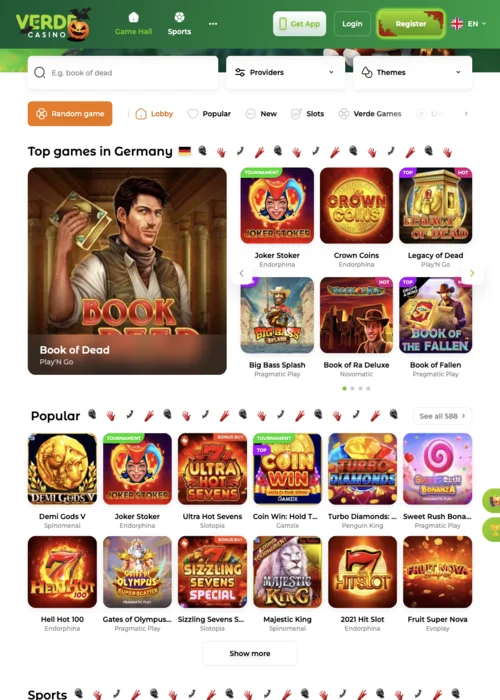 Verde Casino page d'accueil avec croupiers en direct et jeux de table premium